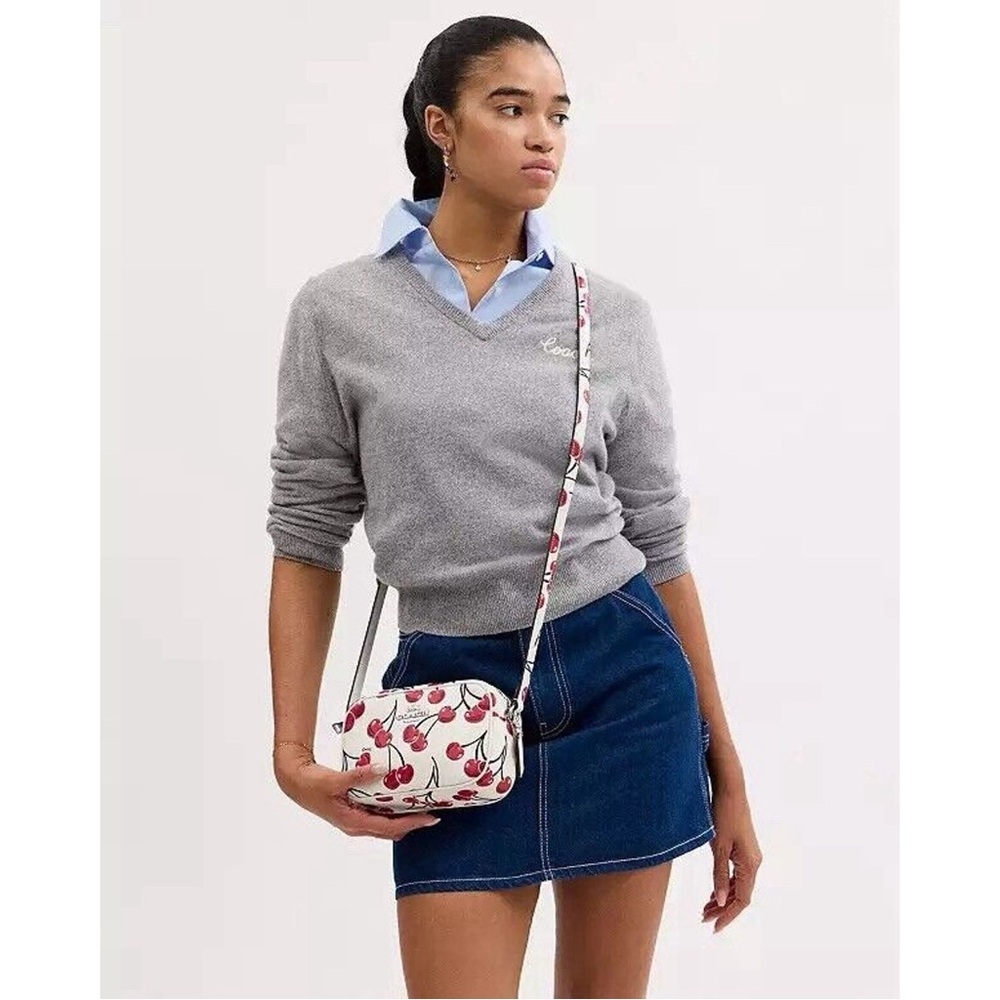 Coach Mini Jamie Camera Bag With Cherry Print Crossbody Chalk Leather CAB04 - Picture 12 of 16
